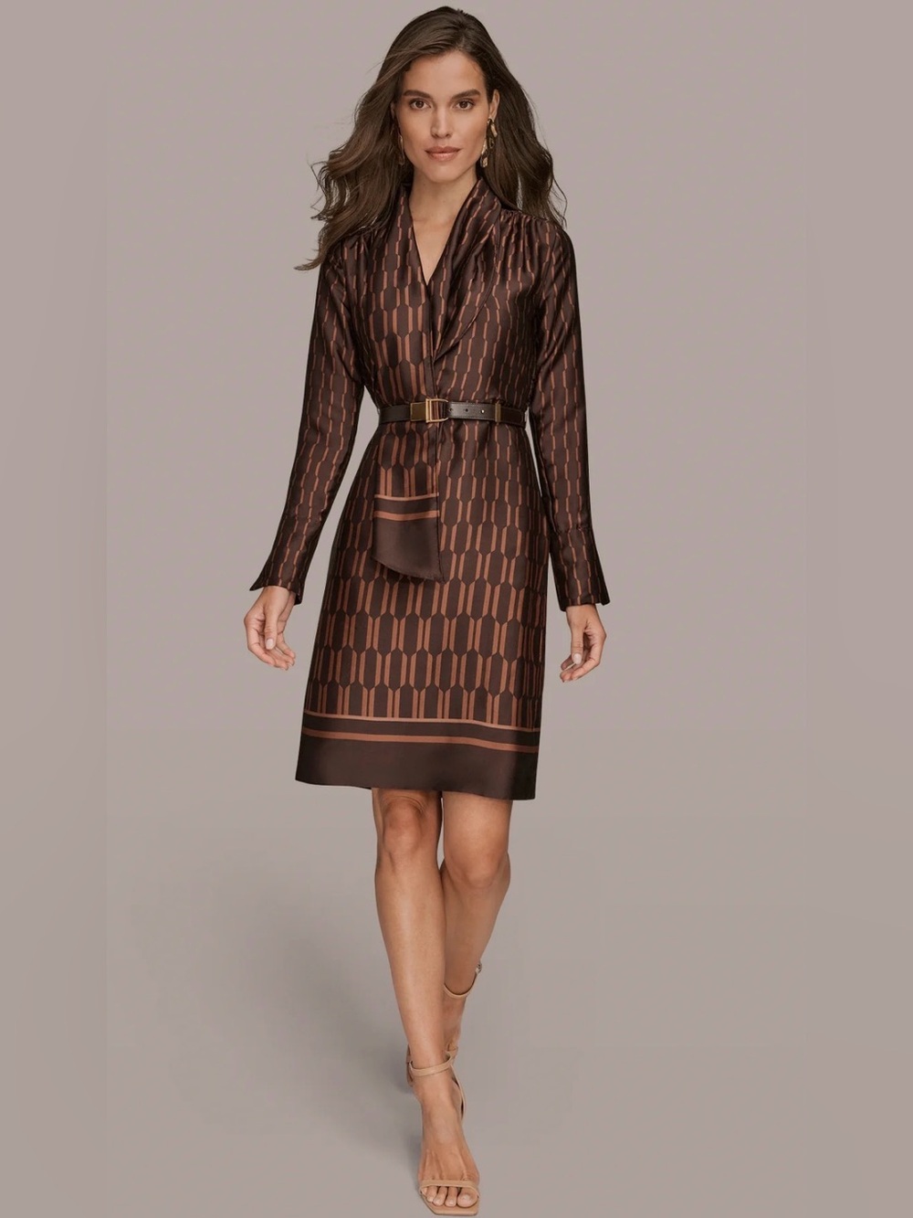 NWT Donna Karan PRINTED LONG SLEEVE SCARF SHEATH DRESS in Brown Size 10